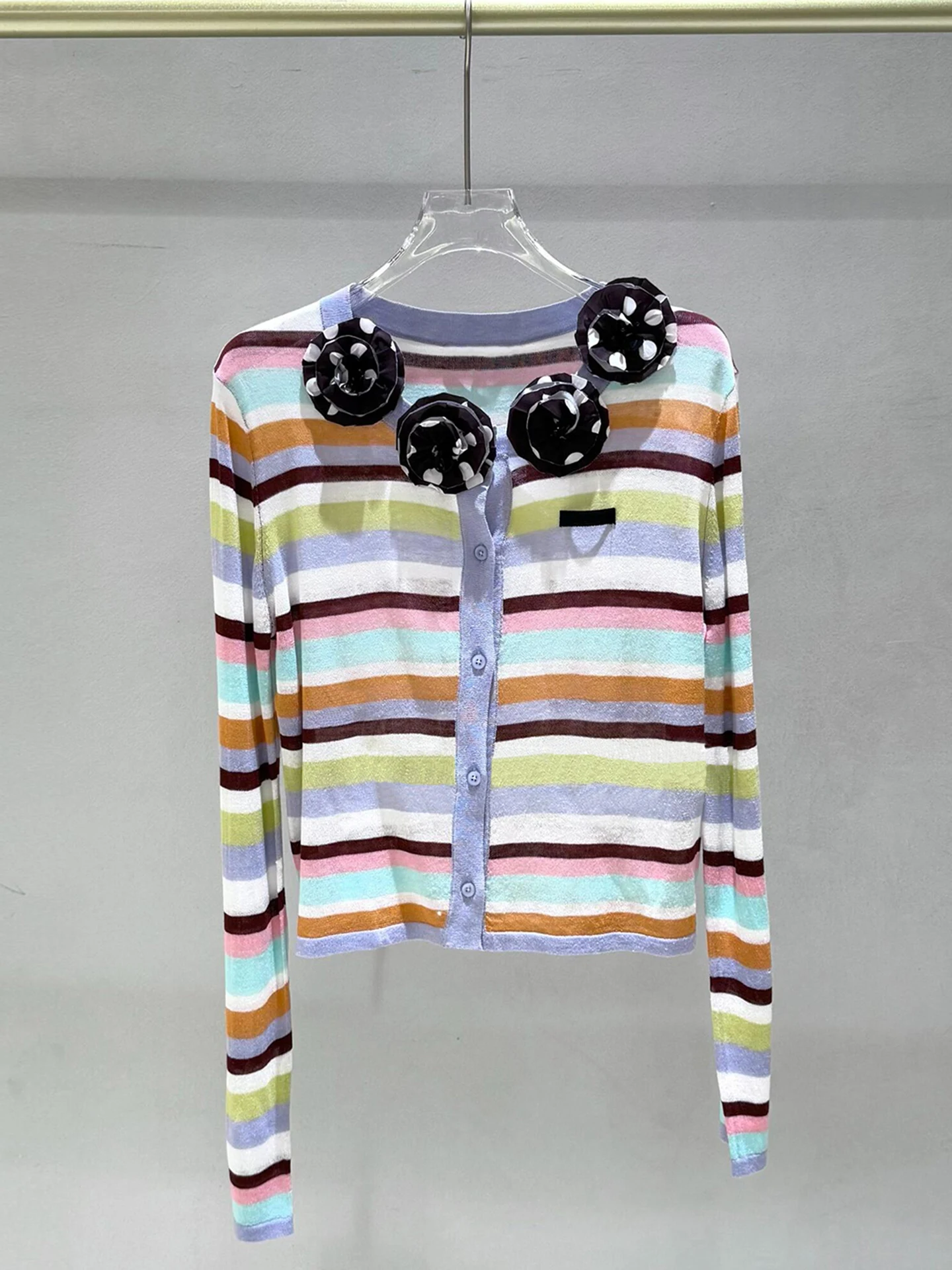 

Spring Summer 2026 Women's Knitted Open Cardigan Top Floral Stripe Design High End Fashion Commute Style Regular Fit Long Sleeve