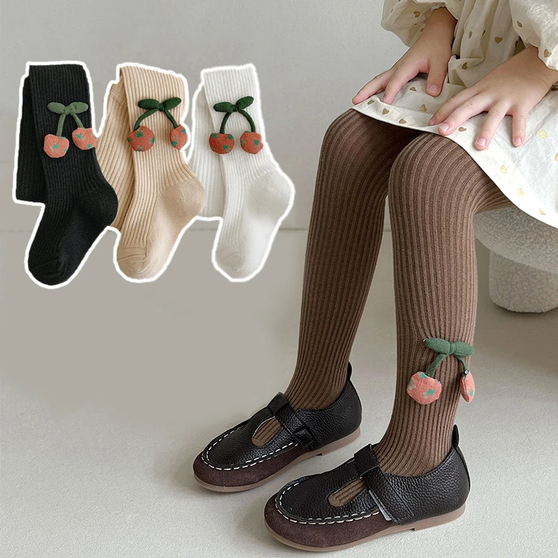 Korean Girls Tights Baby Pantyhose Cute Cherry Knitted Pant Sock Spring Autumn Pure Cotton Kids Leggings Trendy Children Clothes