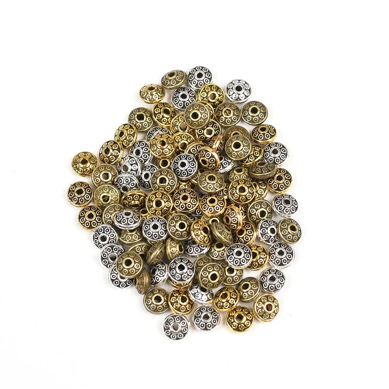 100pcs Mixed Antique Metal Silver Gold Bronze Plated Spacer Beads Flying Saucer UFO 6mm DIY Beads for Jewelry Making 6mm