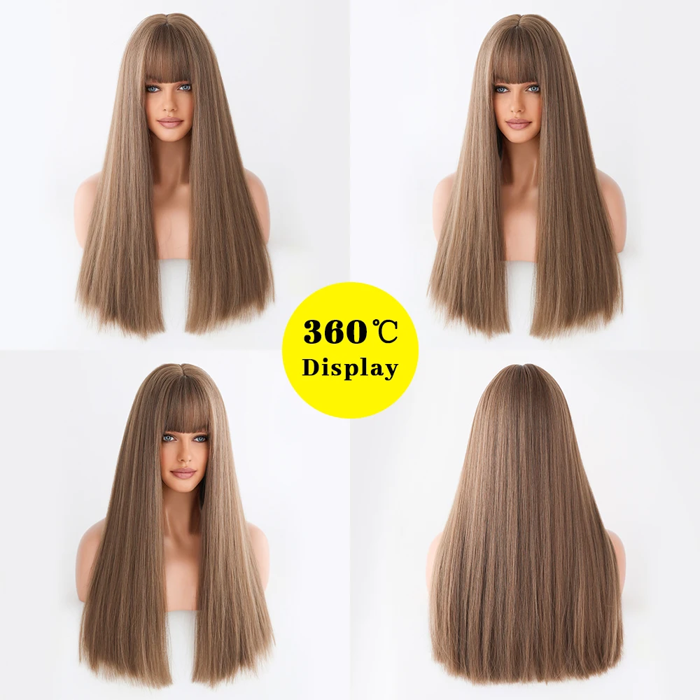 Long Straight Flaxen Hair Women Wig with Bangs High Density Heat Resistant Synthetic Wig Daily Cosplay Party Fake Hair