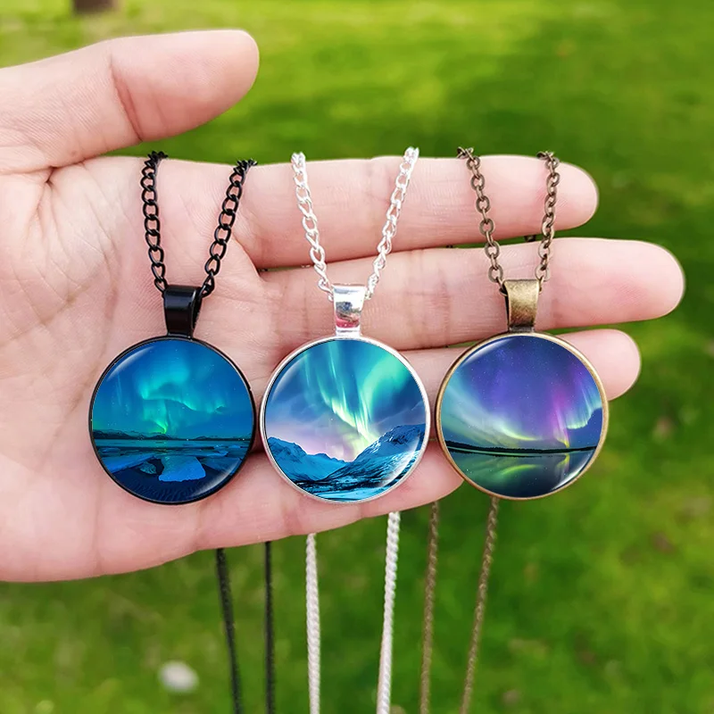 Northern Lights Necklace for Women Glass Cabochon Pendant Aurora Borealis Jewelry Travel Gift Souvenir