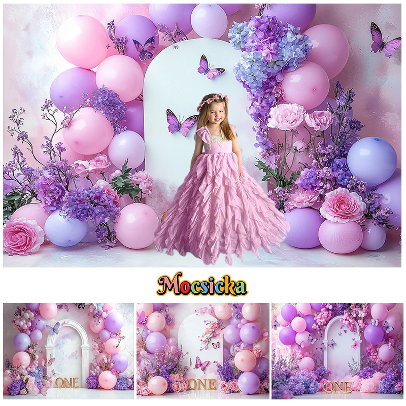 Mocsicka Photography Background Purple Balloons Butterfly Wonderland Girl Birthday Party Cake Smash Decor Photo Backdrop Studio