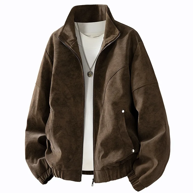 

Мужской однотонный кардиган на молнии с высоким воротником, осенне-зимняя кожаная куртка с воротником-стойкой в стиле ретро, повседневное пальто, топ