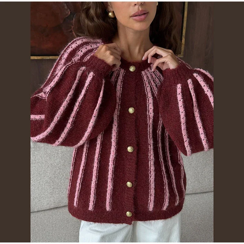 Damen-Strickwaren, gestreift, mit einzelnen Knopfleisten, gestrickte Strickjacke, Herbst, Damen, Rundhalsausschnitt, lange Ärmel, lockere Strickjacken, neue Streetwear – Detail 1