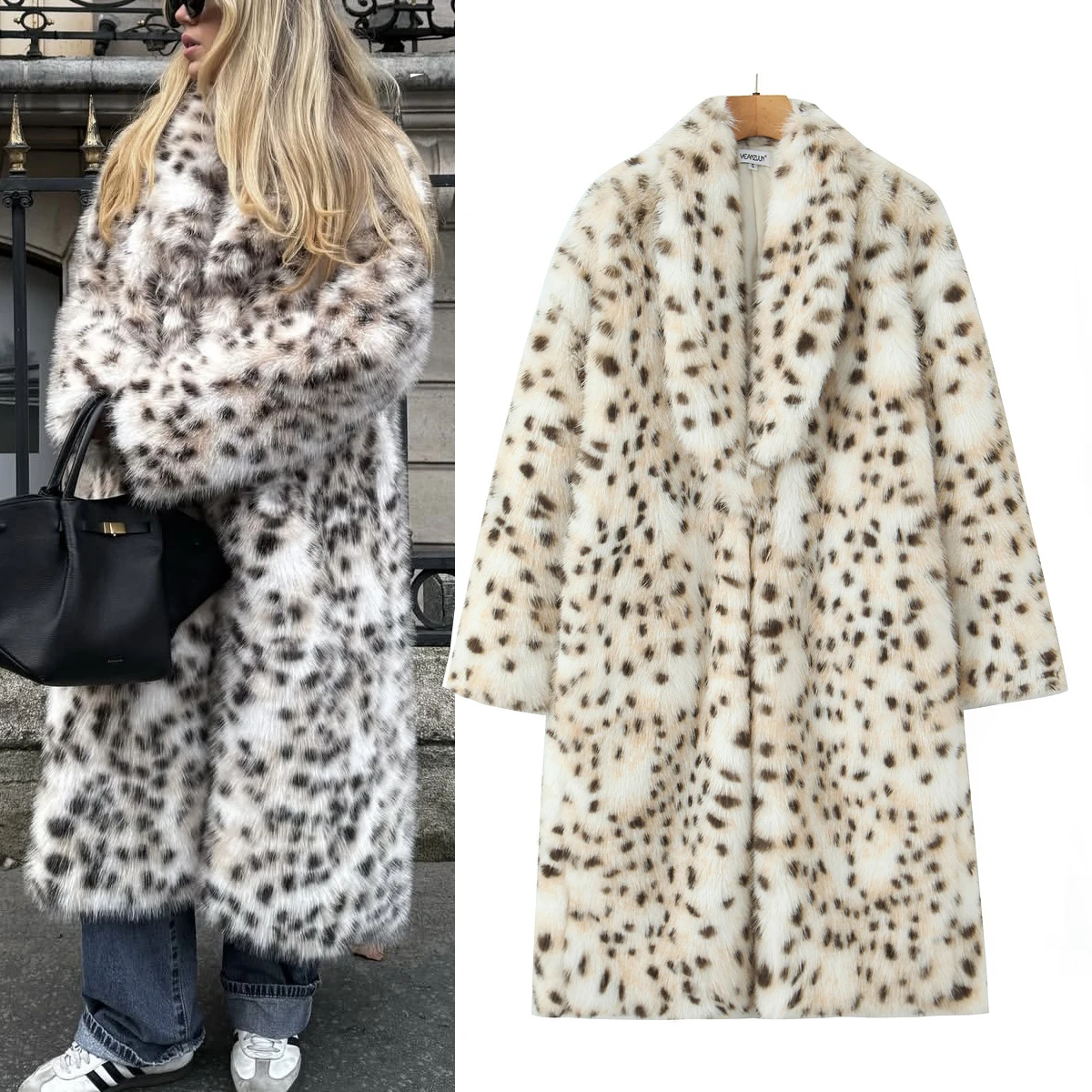 

Faionable Long Leopard Print Fur Jaet Women's Cotton Coat Versatile H2580 Women's Outerwear V-Ne Long Sve Button-Up
