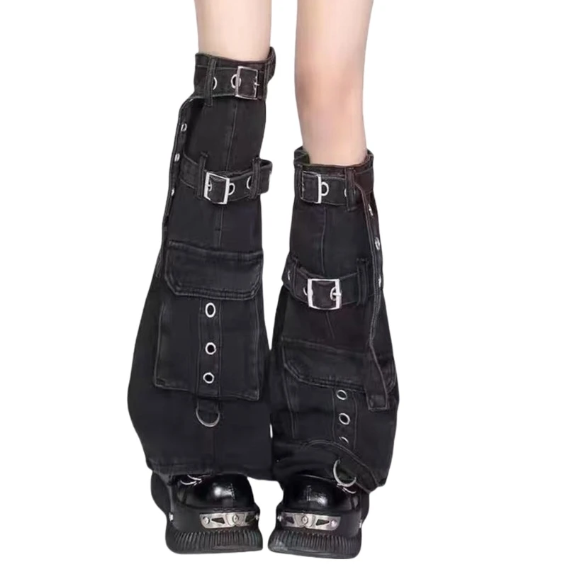 Harajuku Cargo Denims Boot Cover with Eyelet Buckle Pocket Over Knee Leg Warmer