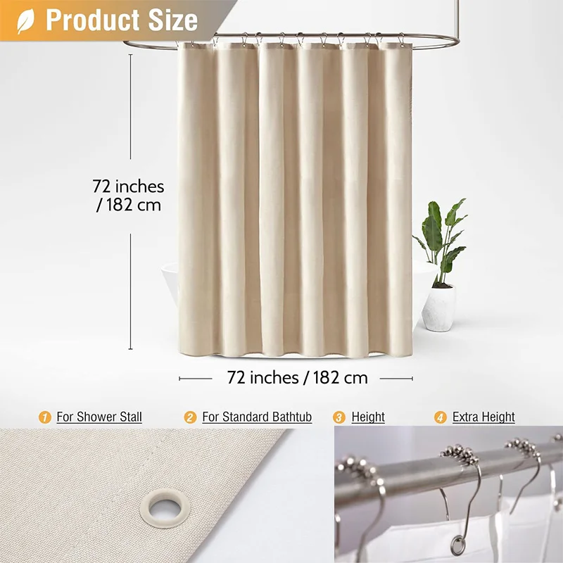 Beige Linen Shower Curtain Set Waterproof Thick Fabric Bathroom Curtains with Metal Hooks for Bathtubs and Shower