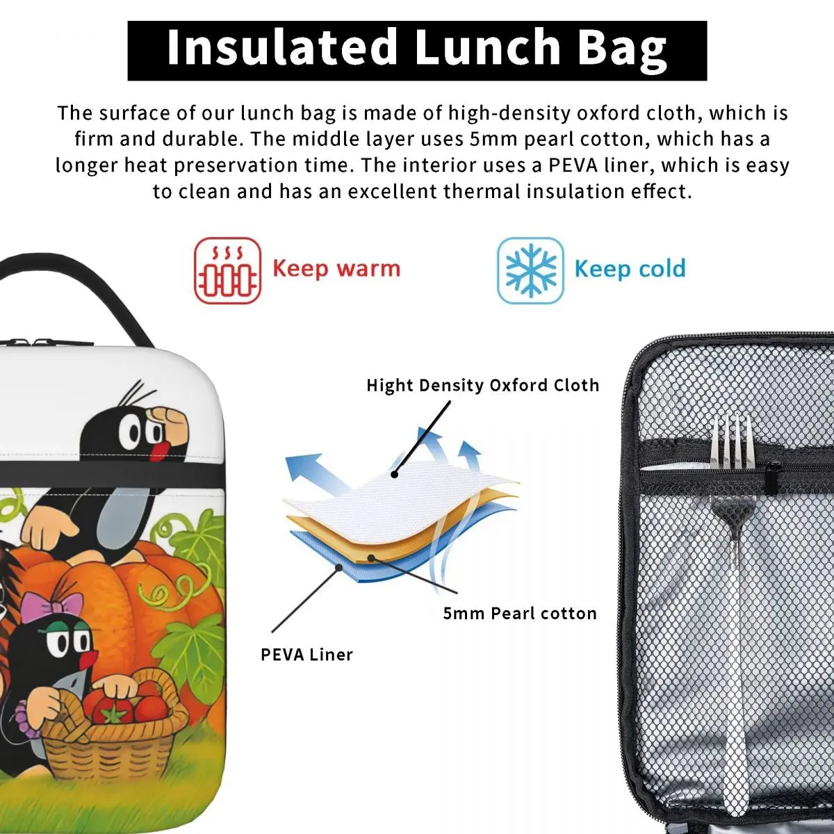 حقيبة غداء معزولة من كارتون ذا ليتل مول، حقيبة حرارية   حاوية وجبة لطيفة ذات سعة عالية، صندوق غداء للرجال والنساء