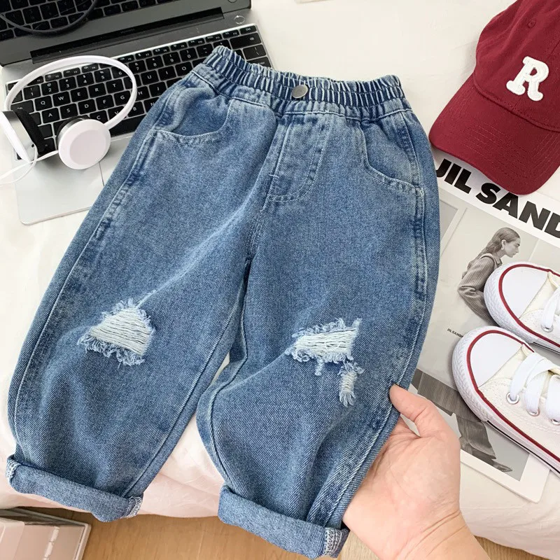 

Children's Ripped Jeans Spring and Autumn Boys Korean Version Fashionable Loose Pants