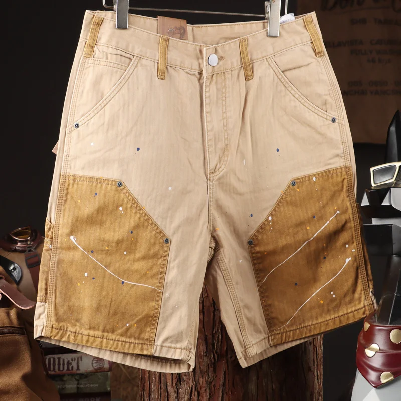 

2025 retro vintage vintage personalized color blocked spray painted denim shorts men's loose straight leg casual pants