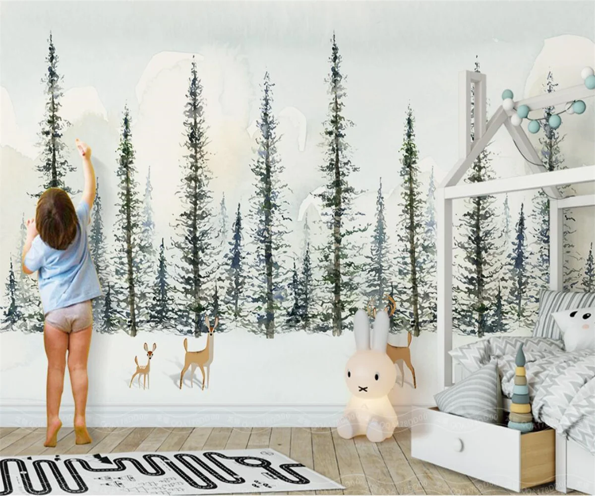 

Photo mural wallpaper Nordic simple hand-painted elk pine forest forest scenery bedroom living room background wall 3d wallpaper