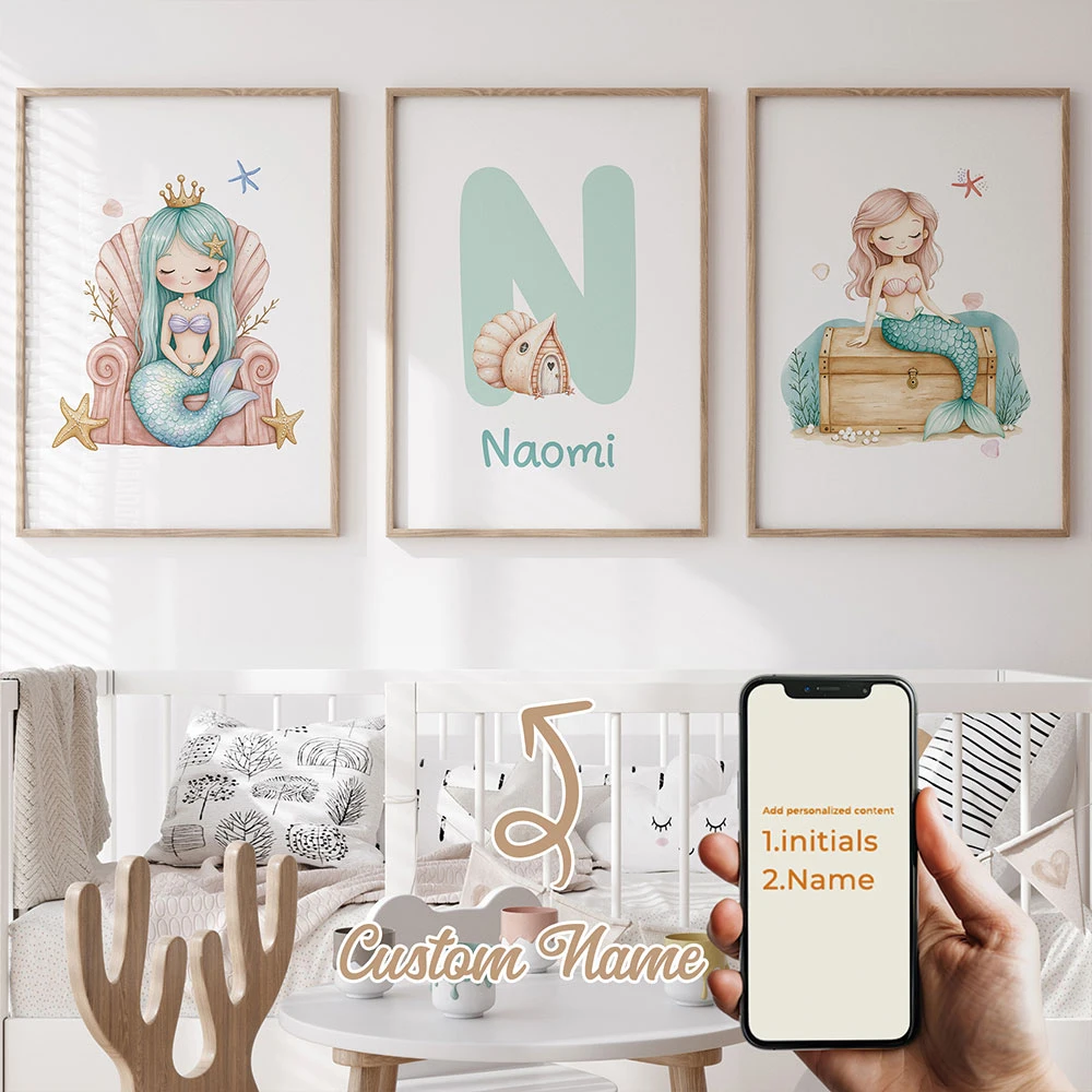 

3pcs Personalized Custom Name Cartoon Mermaid Wall Art Print Picture Canvas Poster Painting For Living Room Home Decor Gift