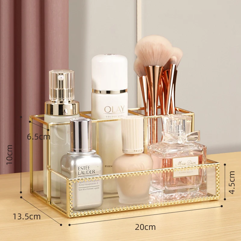 Fashion Gold Glass Makeup Organizer Lipstick Holder Perfume Desktop Jewelry Cosmetic Drawer Storage Box Display