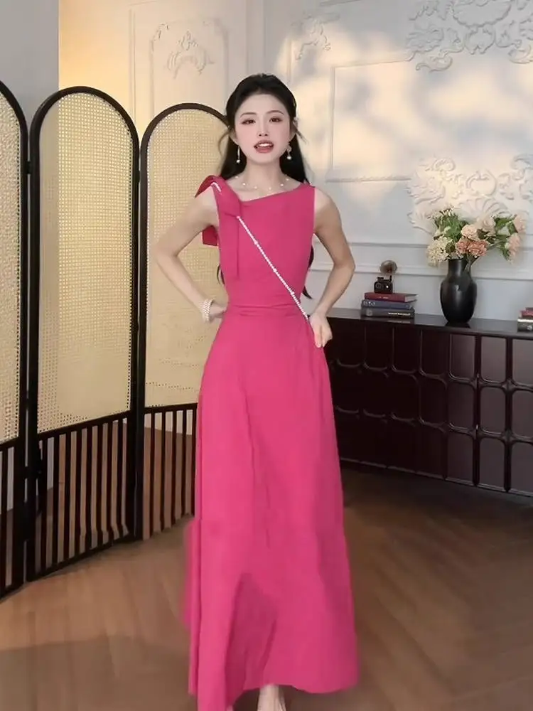 Ele Simple round Ne Svel Dr Women's Summer 2025 New High Waist Slimming Vest Dr A-Line Long Dr