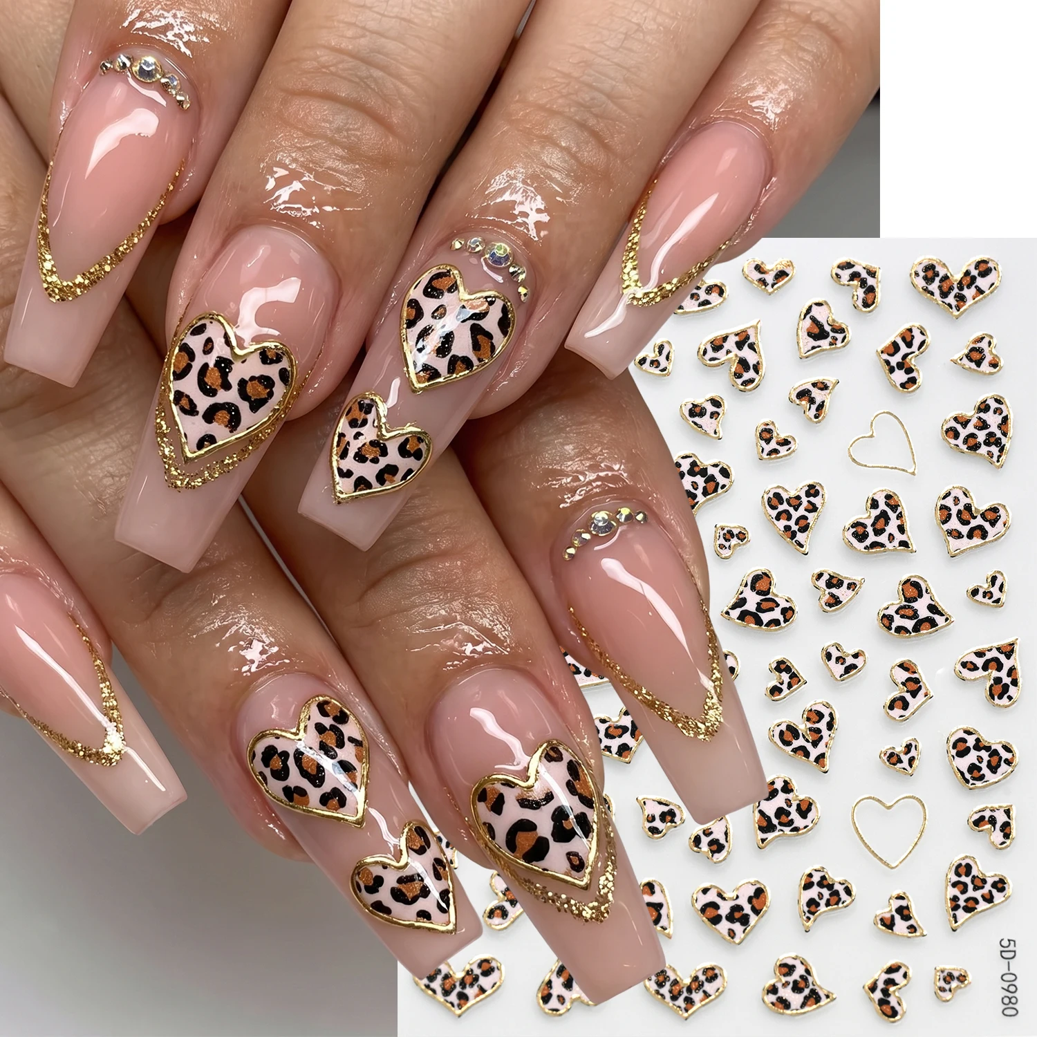 1Pcs 5D Golden Frame Leopard Heart Nail Stickers Autumn Brown Leopards Print Peach-Love Nails Decals Sexy Women Manicure Decor N