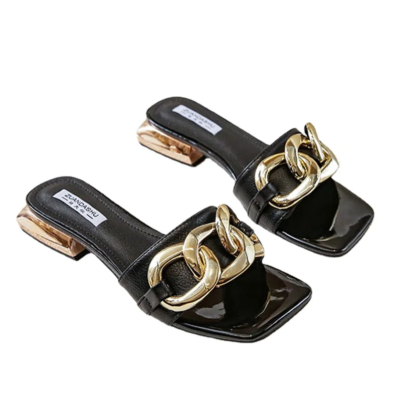 Comemore Summer Metal Chain Women Slippers 2023 Low Heels Square Toe Sandals Casual Slides Ladies Mules Shoes Dress Flip Flops