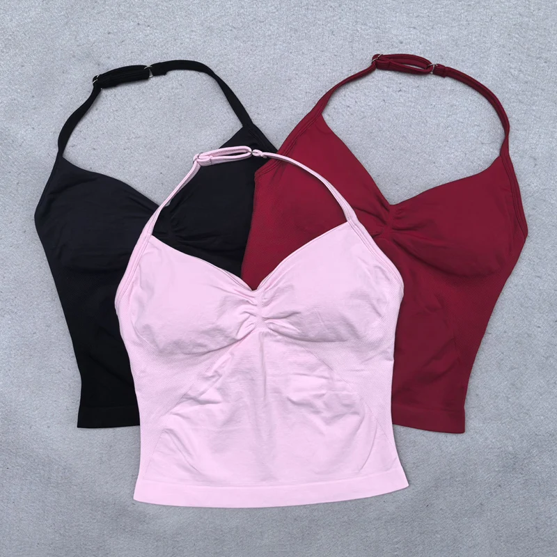 Seamless Yoga Set Women 2Pcs Padded Halter Tank Top Scrunch Butt Lifting Gym Leggings Set Woman Sportswear Workout Clothes image 5