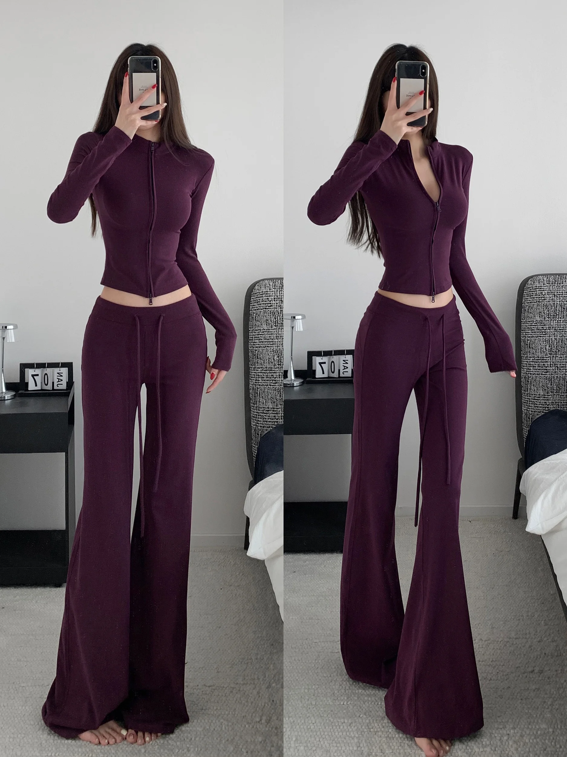 

Early Spring Casual Style Purple Short Top And Long Pants Slimming Set Women's High Waist Cotton Lined Polyester Fiber Long S...