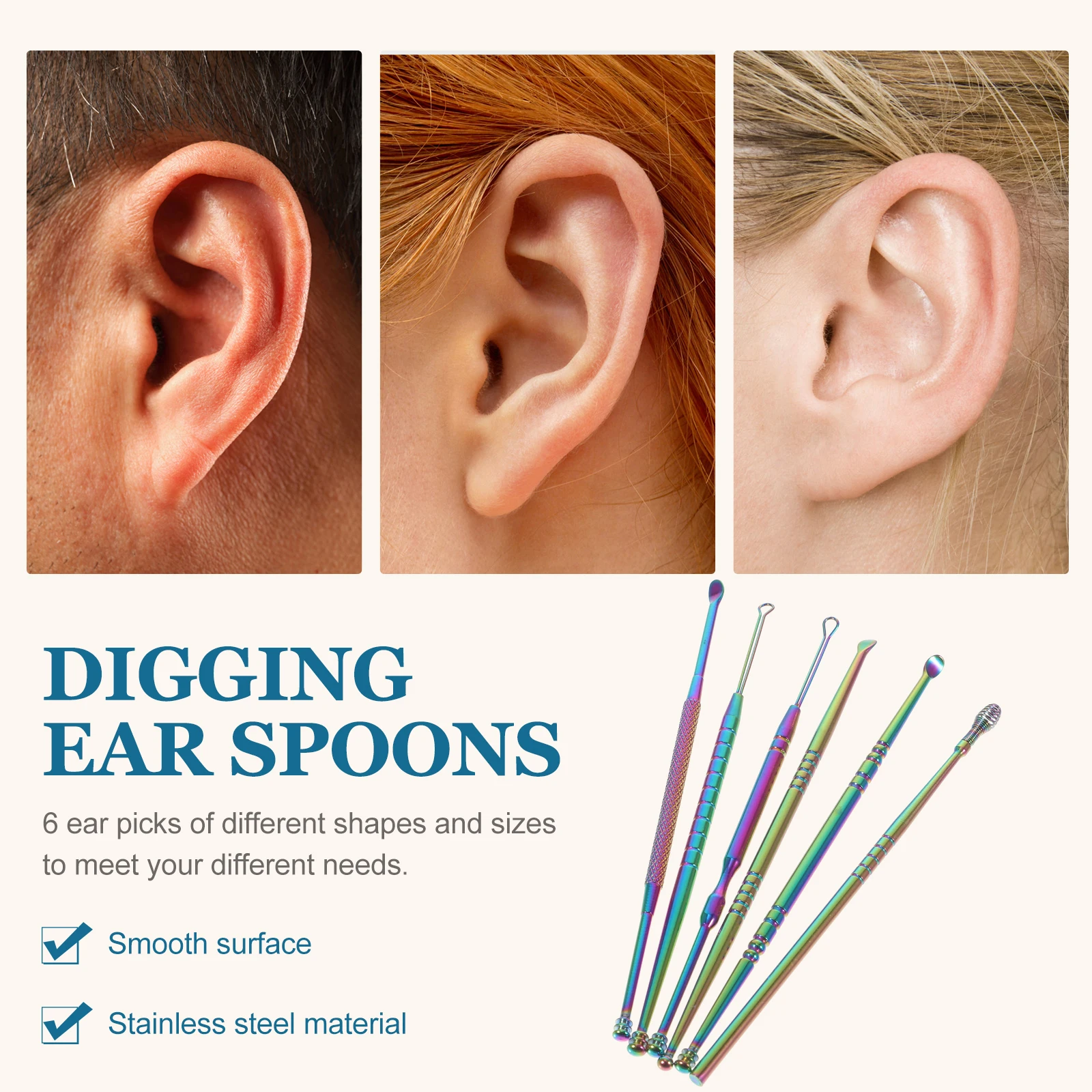 

6pcs Stainless Steel Ear Picks Spiral Spoon Earpicks Cleaning Tools Durable Wax Removal Ear Cleaner Smooth Ergonomic Design