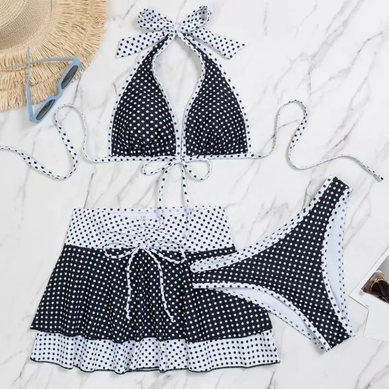 

Women Retro Dot Swimsuit Set With Beach Coverup Skirt Two Piece Halterneck Swimwear For Beach Vacation And Pool Parties JOME