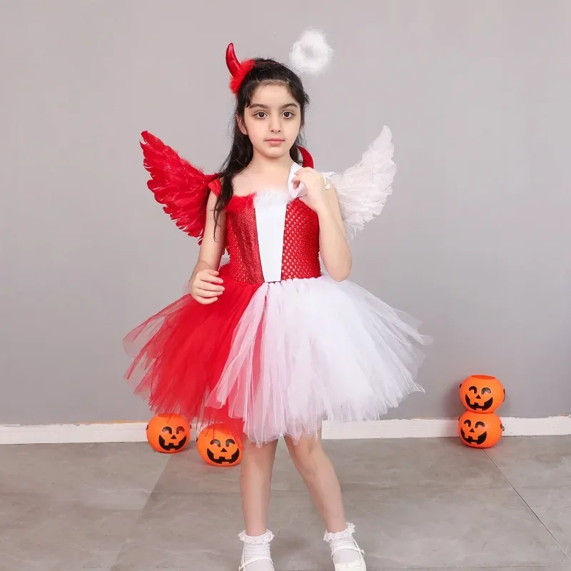 

Naughty Nice Angel Demon Child Fancy Dress for Halloween Costume Girls Cosplay Party Dress up Tutu Dress with Wing Headband