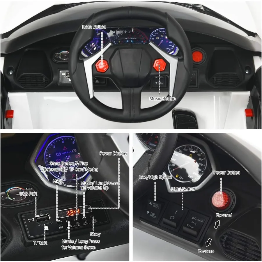 Ride on Car 12V elektrisch voertuig op batterijen met handmatige en afstandsbedieningsmodi LED-verlichting Hoorn Muziek MP3 USB TF 3 snelheden Sp