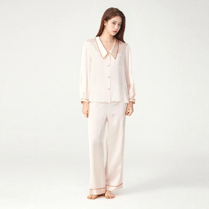

2026 Autumn and Winter Women's Silk Pajamas Set Doll Collar Long Sleeve Top Trousers Made From 100% Mulberry Silk XXL Size