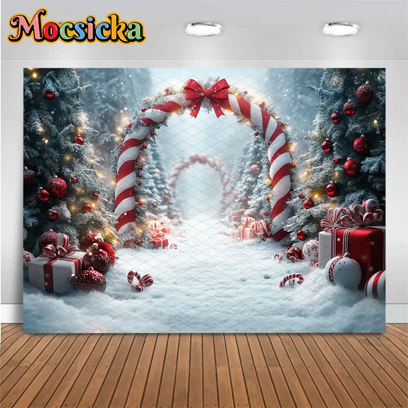 Mocsicka Christmas Backdrop Photography Xmas Tree Snow Lollipop Gifts Decoration Children Family Holiday Party Background Banner