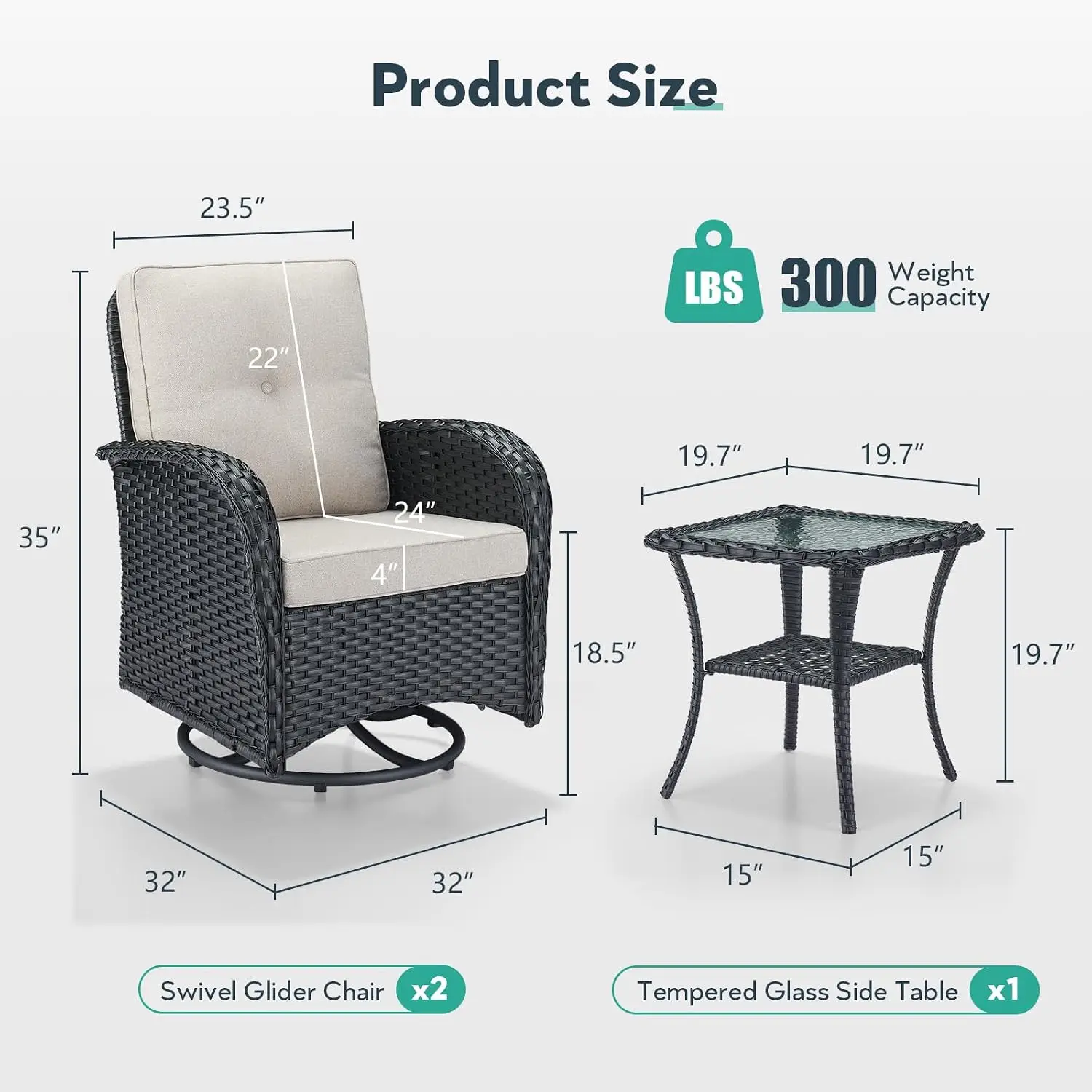 Outdoor Swivel Glider 3-Piece Patio Set with Glass Side Table for Balcony Porch Wicker Beige Cushion, Customized
