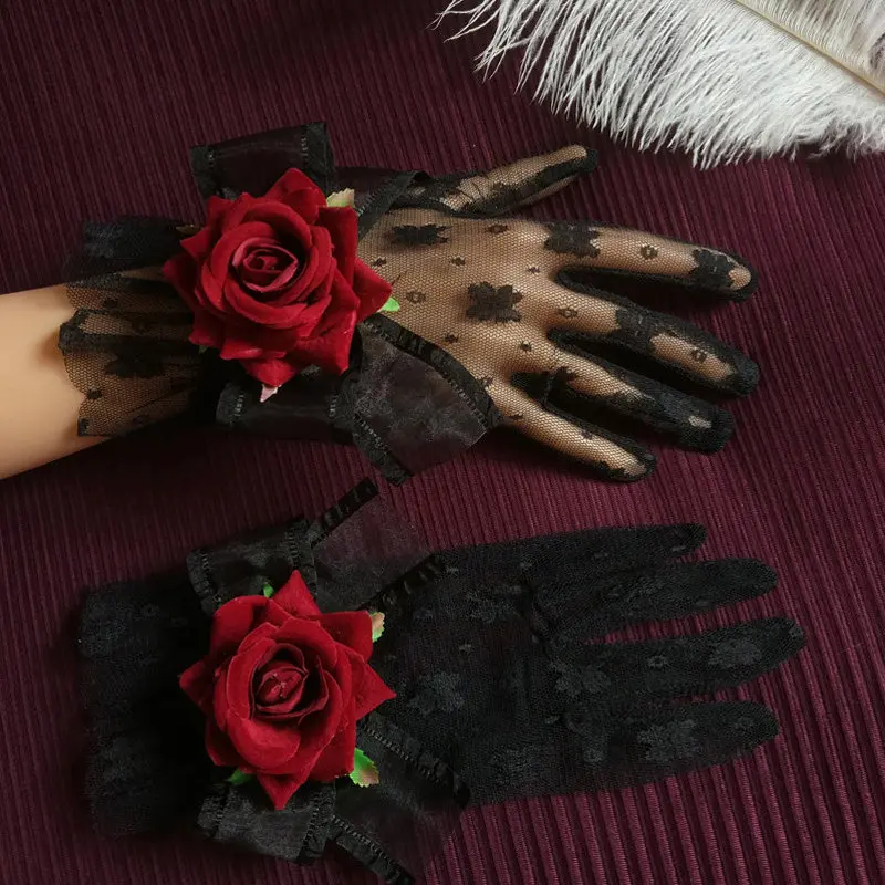 

Romantic Red Rose Black Lace Gloves Gothic Elegant Sheer Mesh Gloves Short Wrist Gloves for Bridal Halloween Tea Party Cosplay