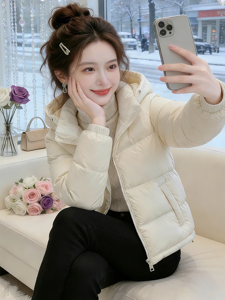 

Утепленная хлопковая куртка с капюшоном для женщин, зимняя теплая верхняя одежда, комфортная, в корейском стиле, с длинными рукавами, на молнии