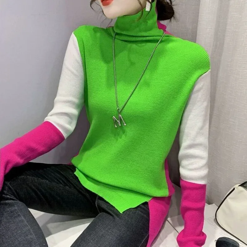 Stylish Turtleneck Knitted Spliced Loose Color Sweater Women\'s Clothing 2022 Autumn New Casual Pullovers All-match Korean Tops