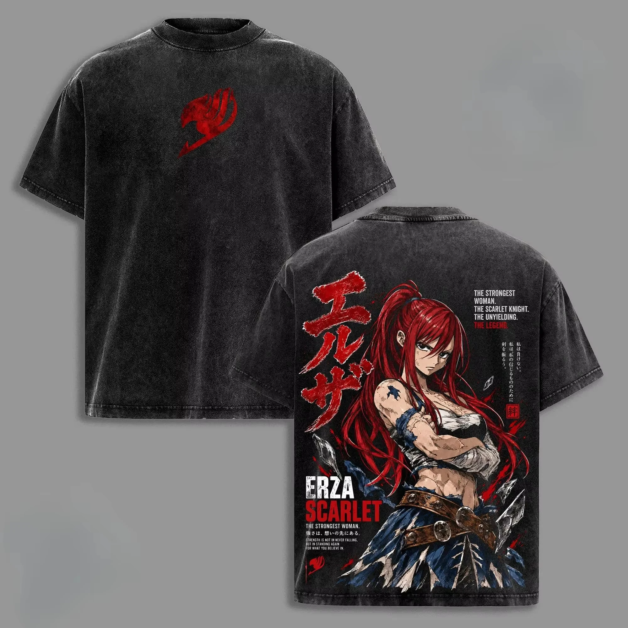 Anime Fairy Tail Erza Scarlet Manga Graphic Print T-shirt Men Women Oversized Retro Washed O-neck Cotton Harajuku Y2K Style Top