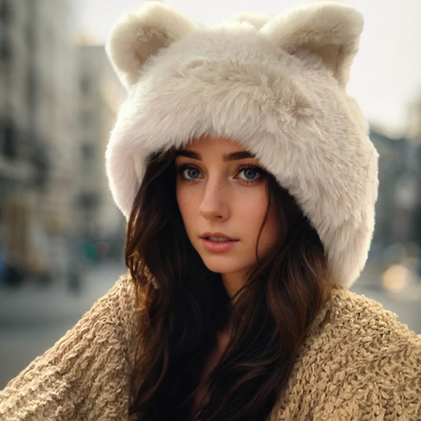 Senior Winter Thickening Fiery Plush Ball Imitate Fox Ears Beanies Skull Hat for Women Outdoor Cos Lovely Lady Cold Caps W238