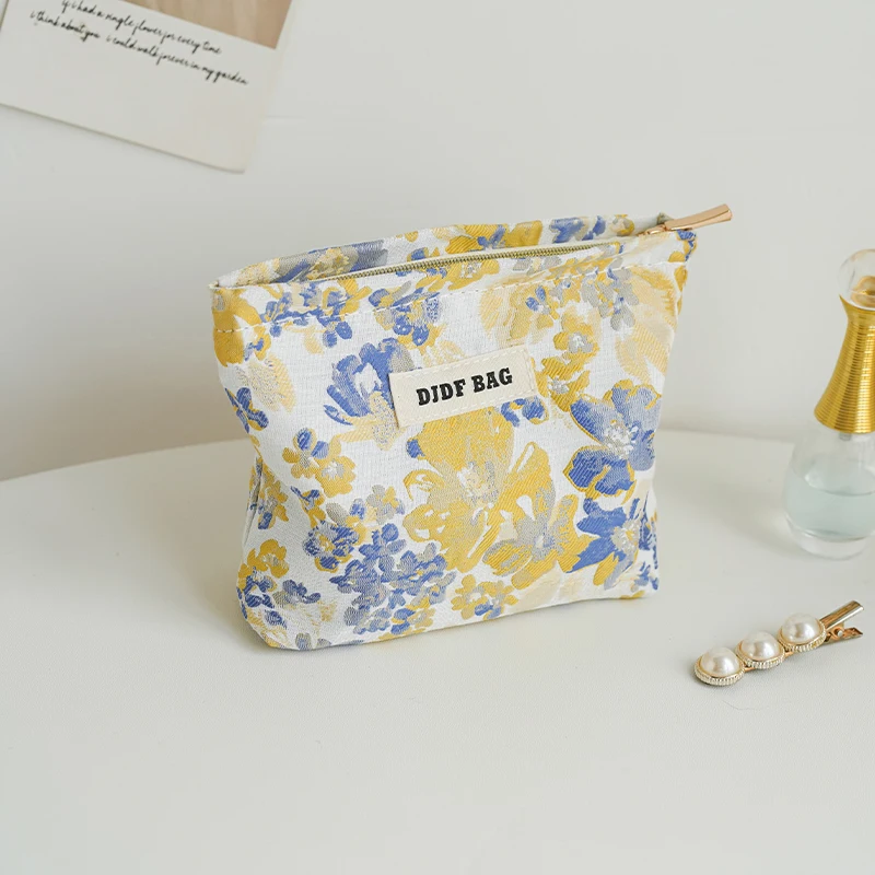 Women\'s Cosmetic bag Small Size Yellow Purple Floral Cosmetics Lipstick Loose Change Storage Bag Portable Travel Cloth Bag Ins