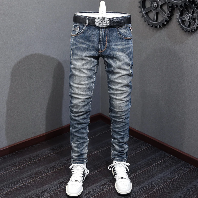 

Street Fashion Men Jeans Retro Washed Blue Stretch Slim Fit Vintage Ripped Jeans Men High Quality Casual Designer Denim Pants