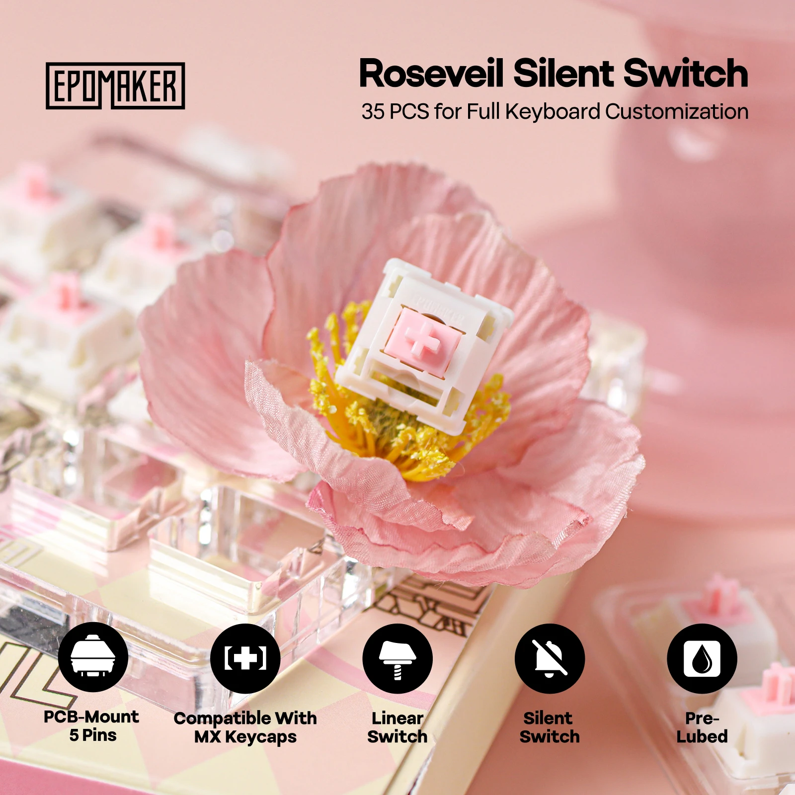 35PCS EPOMAKER Roseveil Silent Switches Set 5-Pin 41gf Pre-Lubed Linear Switch with LY Stem Compatible with Mechanical Keyboard