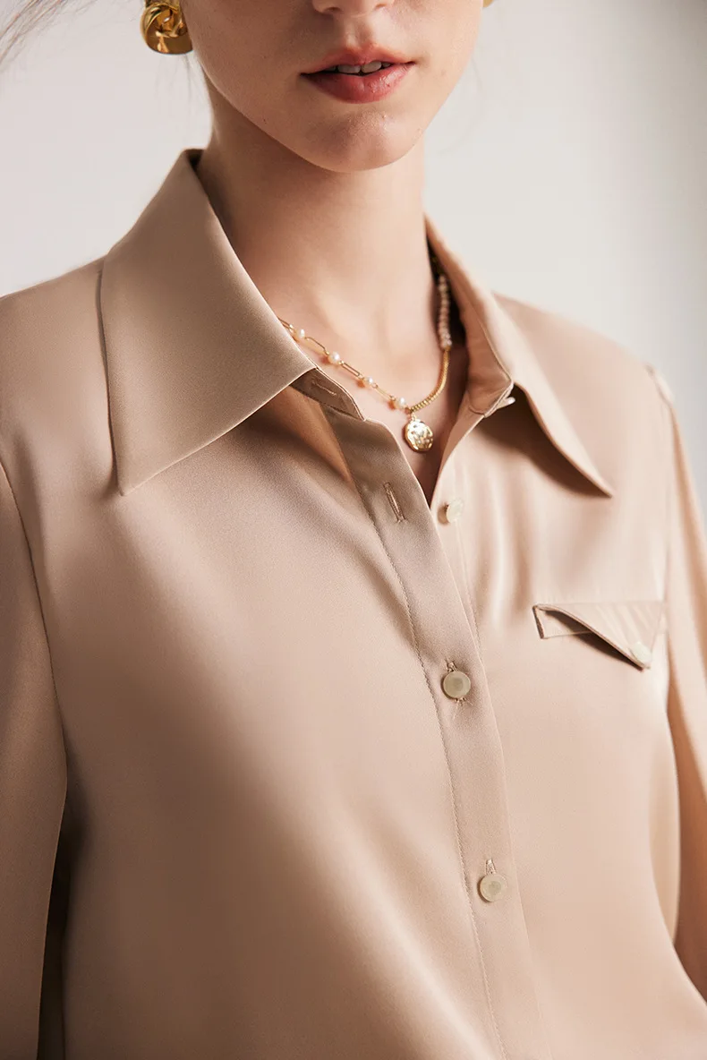 Women's Natural Shirt Turn Down Collar Long Sleeves Flap Elegant Fashion Blouse Tops