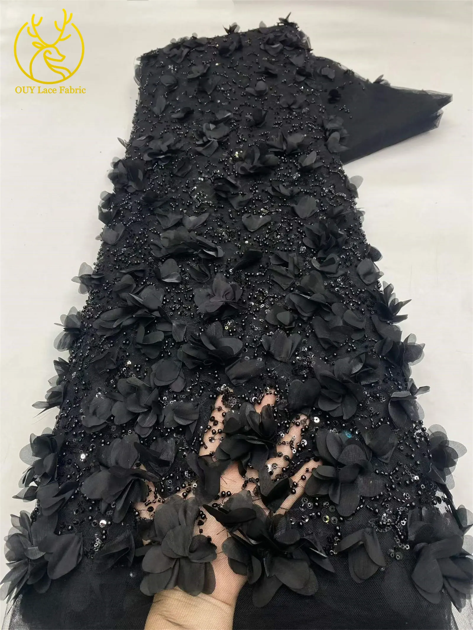 Afrikanischer Perlen-Pailletten-Spitzenstoff 2026 Schwarz 3D-Blumenstickerei Afrikanischer Spitzenstoff für Hochzeitskleid-Dekoration und Näharbeiten – Detail 17