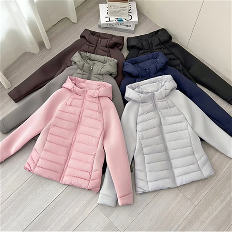 

2025 Fashion Patchwork Cotton-padded Coat Women's Short Parka Autumn Winter Hooded Light-thin Spliced Jacket Lady Slim Outerwear