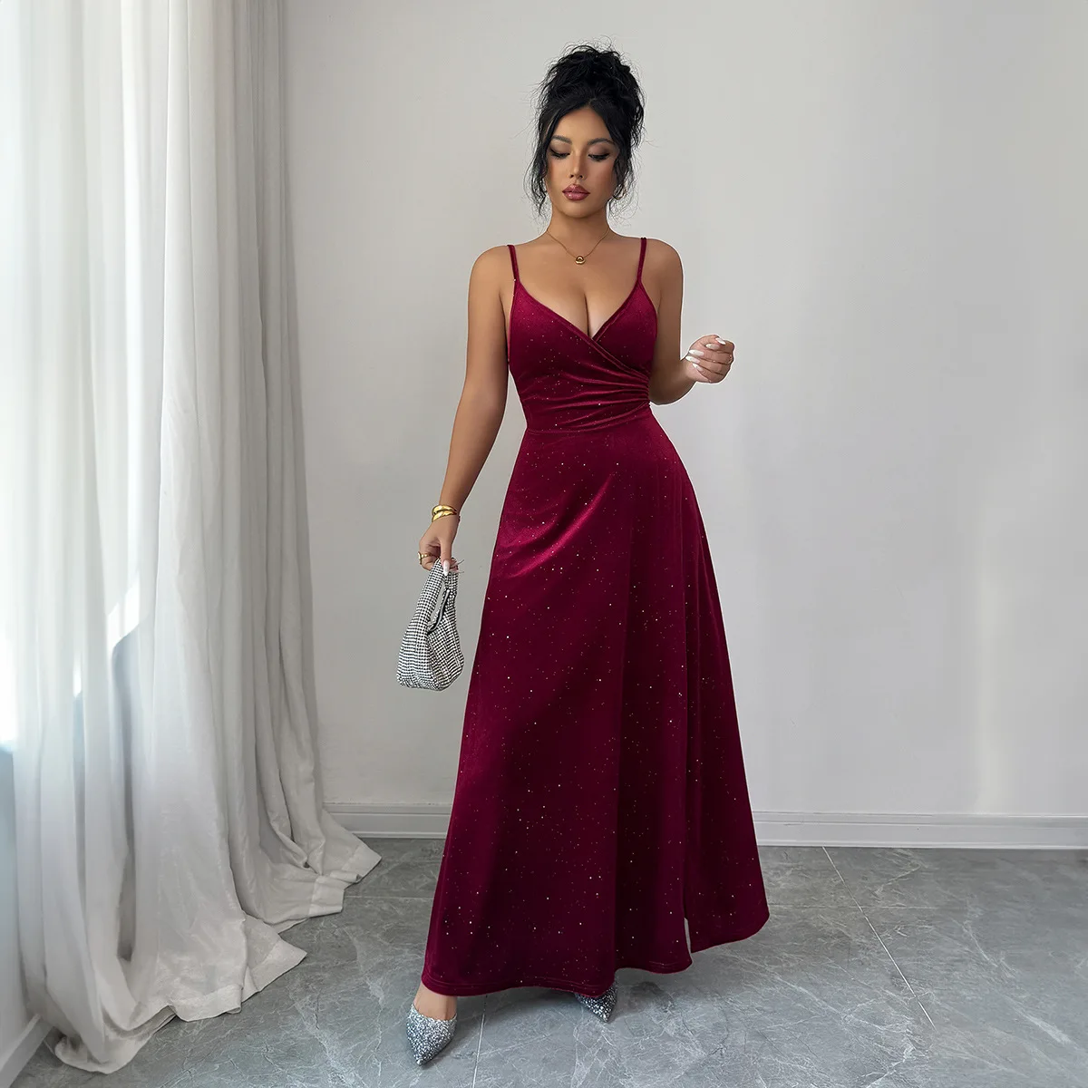 

Women's Dress Best Seller Spaghetti Strap Deep V Neck Waist Side Split Glitter Maxi Dress Evening Party Wedding Guest Prom Dress