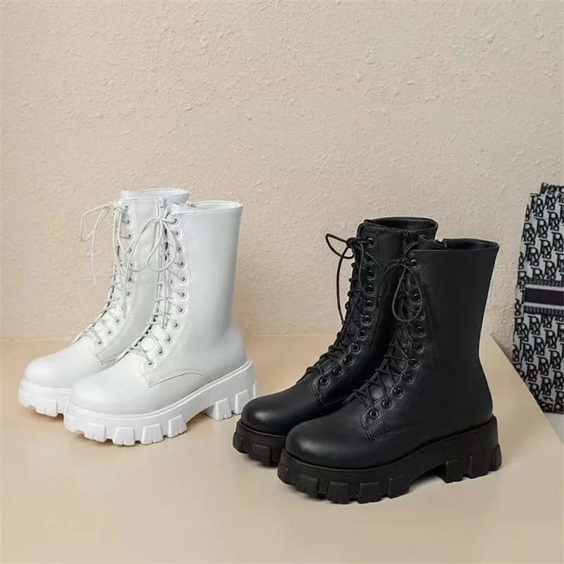 New Mid Calf Boots Women Autumn Winter Fashion Lace-up Ladies Chelsea Zipper Botas Mujer Boots Sports Platform Heel Ladies Shoes