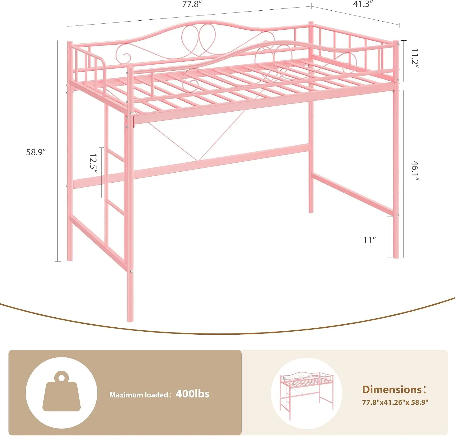 Twin Loft Bed Ladder Full Safety Guardrail Pink Heavy Duty Metal Kids Adult Supports 400 Lbs Grouped Labeled Quick Setup No Box