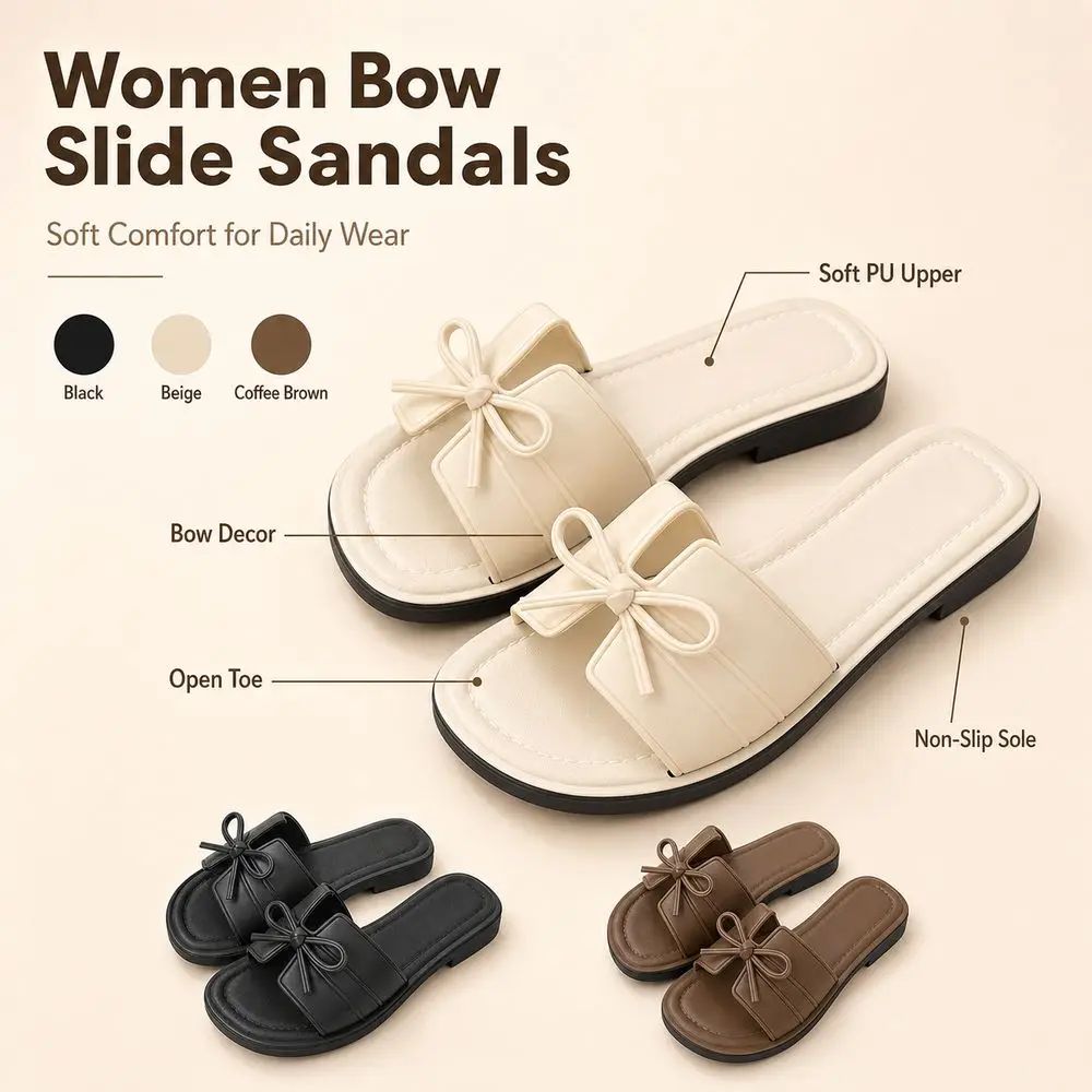 Fashion Open Toe Bow Slide Sandals Non Slip Sole Flat Heel Open Toe Sandals Soft Upper Flat Slippers Daily Outfits
