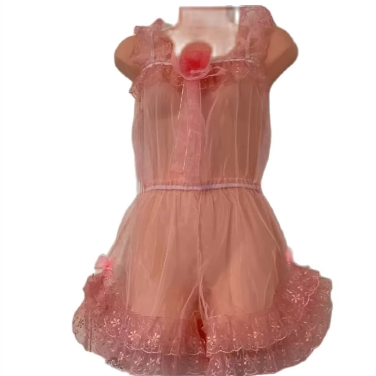 

Organza Camisole Non Elastic Lace Patchwork Pants Legs Sexy Translucent Chest Floral Decoration Sweet Jumpsuit