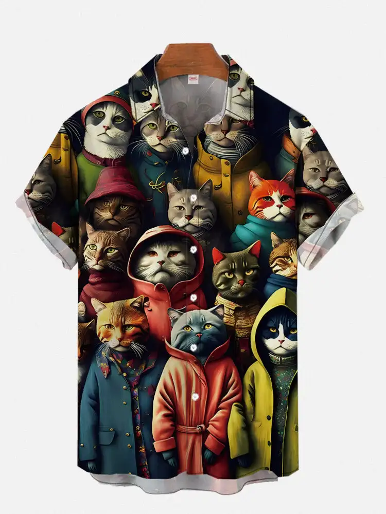 Men\'S Cute Cat Printed Casual Shirt Daily Wear 3D Printing Classic Short Sleeve Fashion Hawaiian Shirts For Men Harajuku