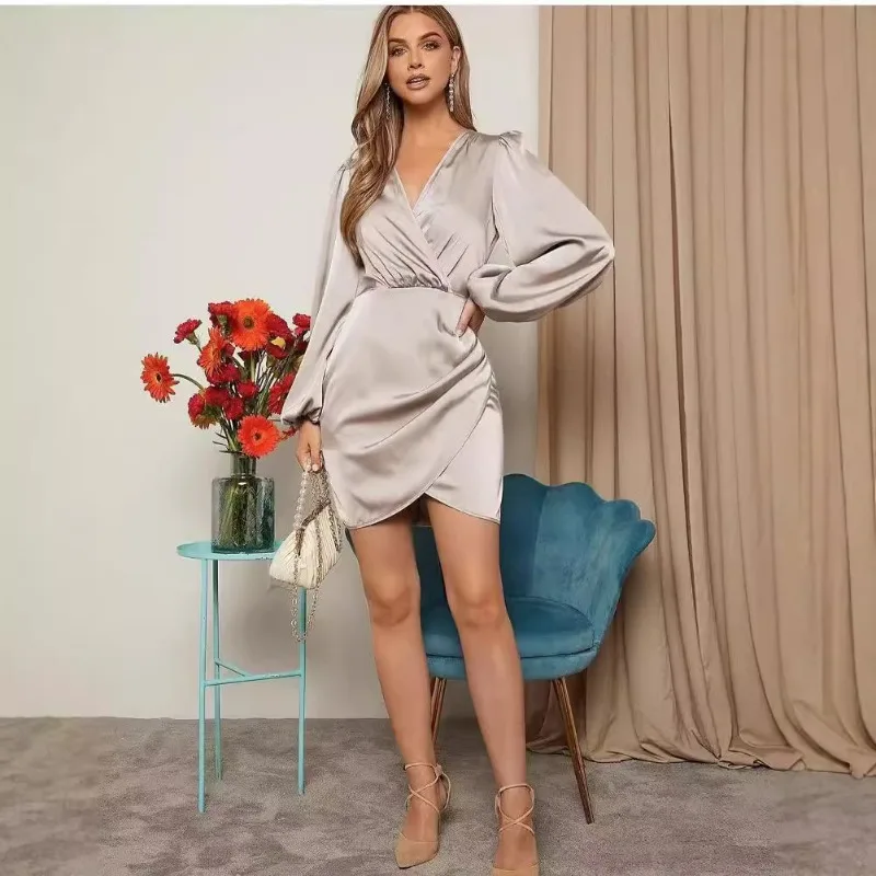 Elegant Women Corset Party Dress Sexy Y2K INS Long Sleeve V Neck Ruched Slit Graduation Celebrity Evening Dress Prom Gown