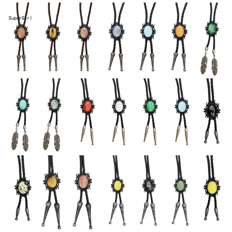 

Handwoven Leather Rope Bolo Tie Neck Accessory with Black Frame Stone Pendant Jewelry Necktie Necklace for Men and Women J78E