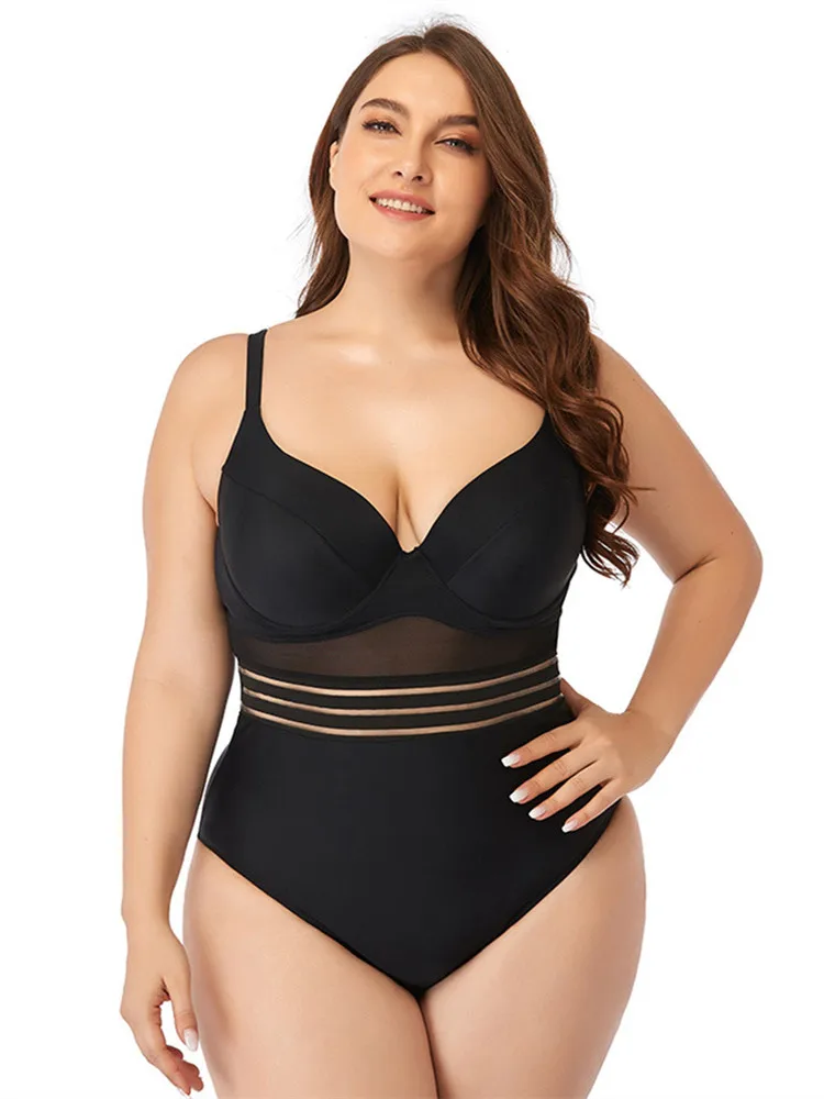 Women Plus Size Swimsuit 2023 One Piece Bikini Swimwear Sexy Tankini Tape Beachwear Bathing Suit Monokini Large Size 4XL Black