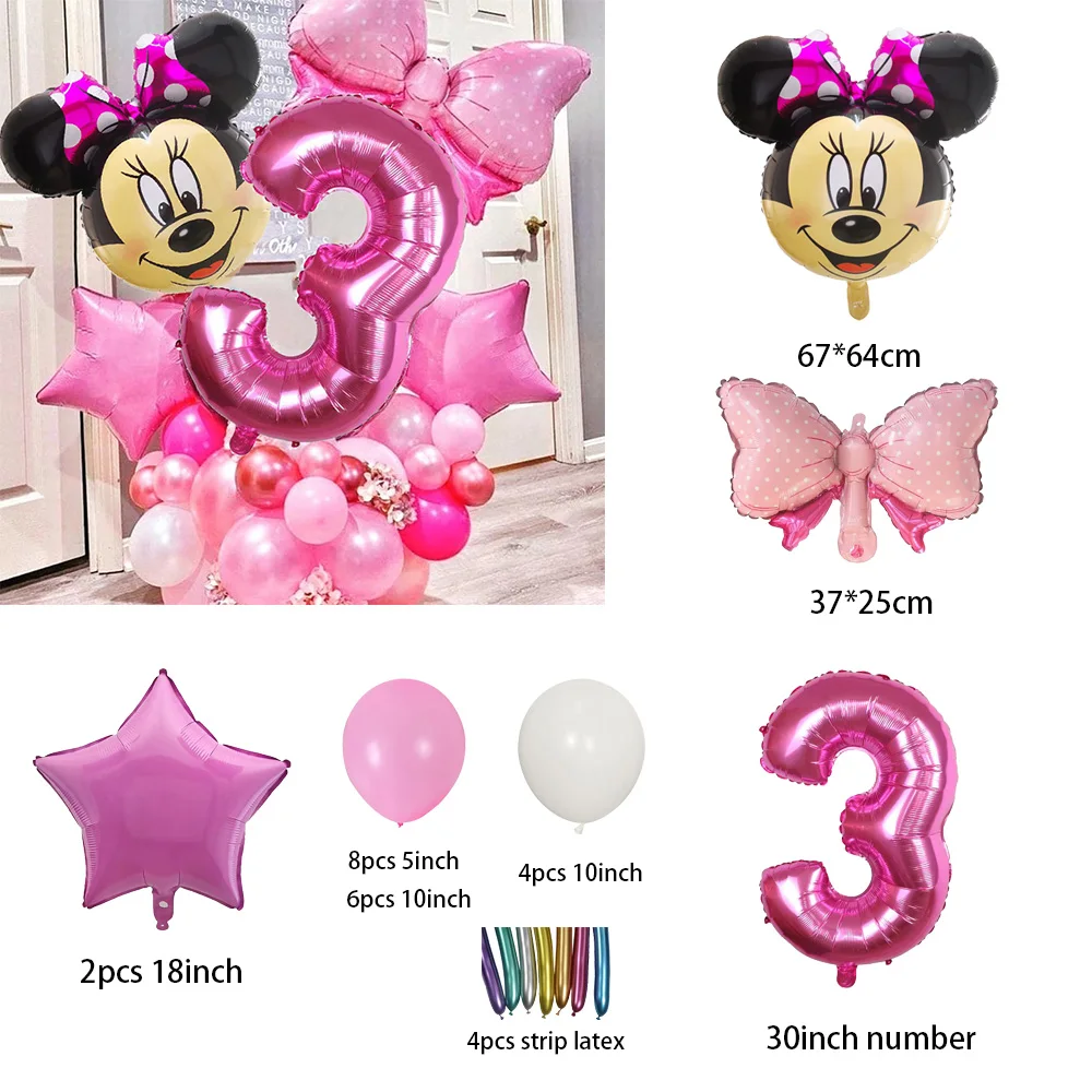 Juego de globos de aluminio con cabeza de Minnie Mouse para fiesta temática de Disney, decoración con número de 30 pulgadas para cumpleaños de niña